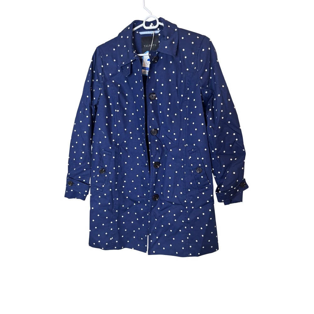 Talbots Coat Womens XS‎ Blue Polka Dot Water Resistant Mid Length Rain Jacket